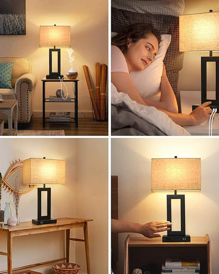 Set of 2 Touch Control Table Lamp with 2 USB Ports, 3-Way Dimmable Modern Nightstand Lamp Sets Bedside Touch Desk Lamp with Fabric Cream Shade For Bedroom Table Living Room Reading, Included Bulbs - LeafyLoom