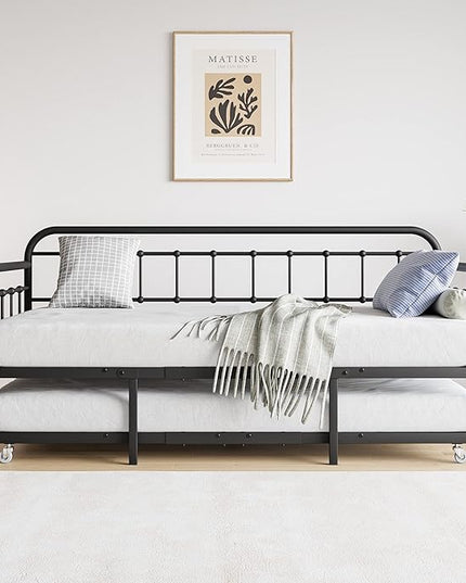 Twin Size Metal Daybed Frame with Trundle and Headboard,Guest Room Multifunctional Heavy Duty Sofa Bed Platform w/Steel Slat Support & Easy Assembly,for Adult Kid Boy Girl,Black - LeafyLoom