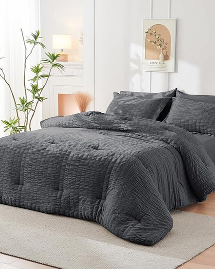 HYMOKEGE Seersucker Comforter Set Full Size 3 Pieces, Lightweight Comforter Sets for Bedding, Bed Set with 1 All Season Soft Down Alternative Comforter and 2 Pillow Shams, Dark Grey - LeafyLoom