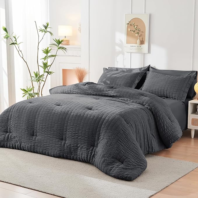 HYMOKEGE Seersucker Comforter Set Full Size 3 Pieces, Lightweight Comforter Sets for Bedding, Bed Set with 1 All Season Soft Down Alternative Comforter and 2 Pillow Shams, Dark Grey - LeafyLoom