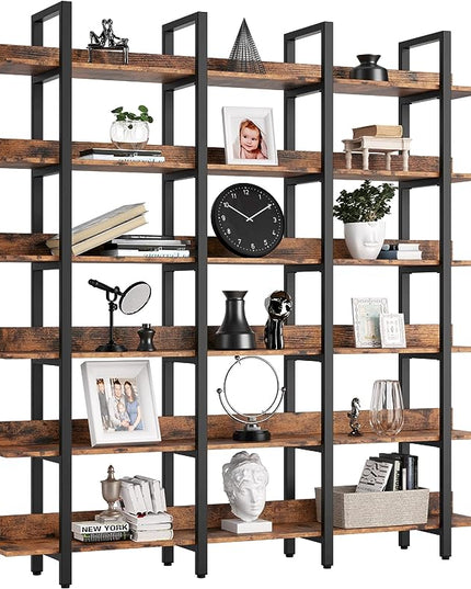IRONCK Bookcase and Bookshelves Triple Wide 6-Tiers Large Open Shelves, Etagere Bookcases with Back Fence for Home Office Decor, Easy Assembly, Vintage Brown - LeafyLoom