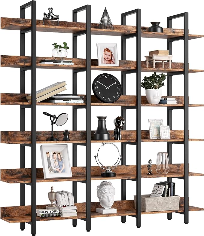 IRONCK Bookcase and Bookshelves Triple Wide 6-Tiers Large Open Shelves, Etagere Bookcases with Back Fence for Home Office Decor, Easy Assembly, Vintage Brown - LeafyLoom