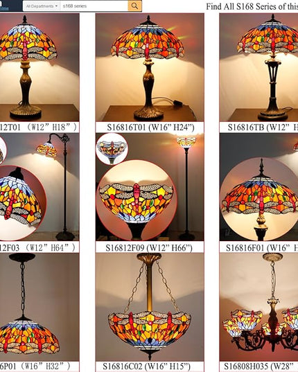 WERFACTORY Tiffany Floor Lamp Orange Blue Stained Glass Dragonfly Light 12X12X66 Inches Torchiere Standing Corner Torch Uplight Decor Bedroom Living Room Home Office S168 Series - LeafyLoom