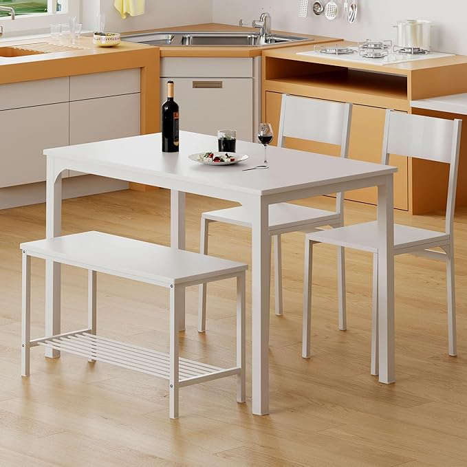 sogesfurniture 4-Piece Dining Table Set with 1 Bench and 2 Chairs, Kitchen Bench Table Set for 4, Wooden Kitchen Table and Chairs for Limited Space,White - LeafyLoom
