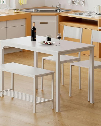 SogesHome 4-Piece Dining Table Set for 4 - Space-Saving Kitchen Set with Bench and Chairs, Ideal for Restaurants and Coffee Shops, White - LeafyLoom