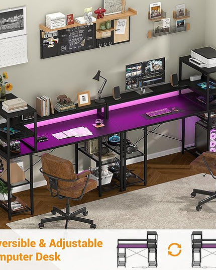 Cyclysio 55 inch Gaming Desk with LED Light, Adjustable Computer Desk with Storage Shelves, Home Office Desk with Power Outlets, Computer Gaming Desk with Long Monitor Stand for Small Space, Black - LeafyLoom