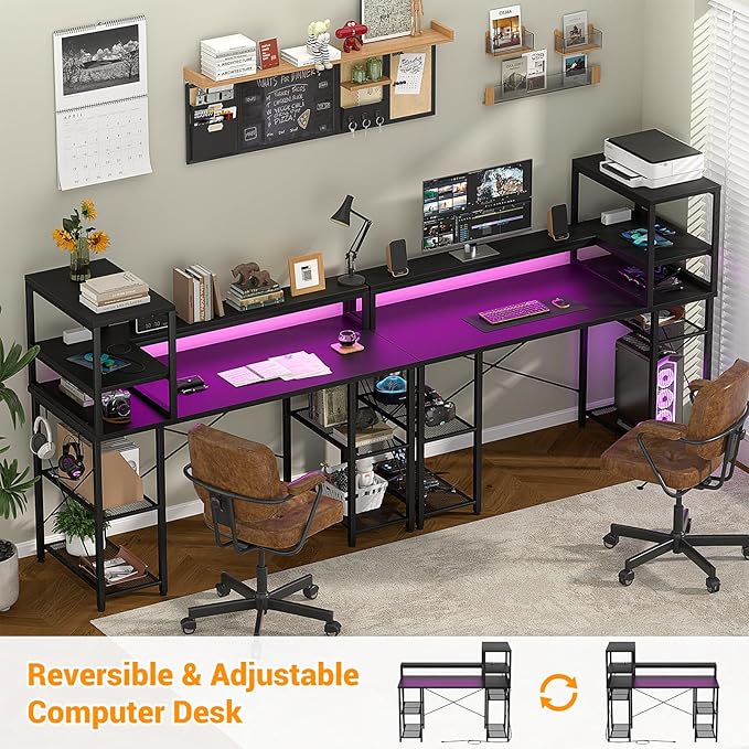 Cyclysio 55 inch Gaming Desk with LED Light, Adjustable Computer Desk with Storage Shelves, Home Office Desk with Power Outlets, Computer Gaming Desk with Long Monitor Stand for Small Space, Black - LeafyLoom