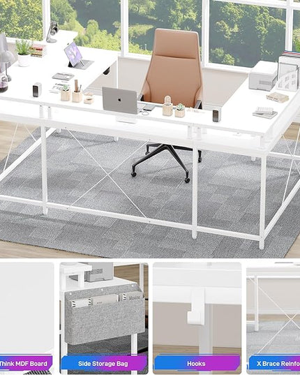 U Shaped Computer Gaming Desk, Reversible L Shaped Desk with Power Outlets, LED Strip & Monitor Stand, Large Corner Desk with Storage Shelves for Home Office, White - LeafyLoom