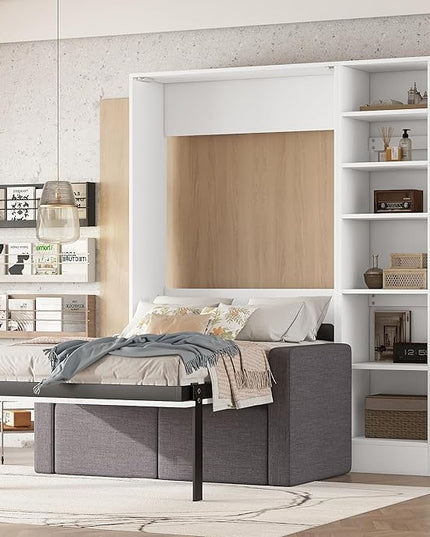 Merax Twin Size Murphy Bed Wallbed with Sofa and Side Storage Shelves,Space Saving,for Guest Living Room - LeafyLoom