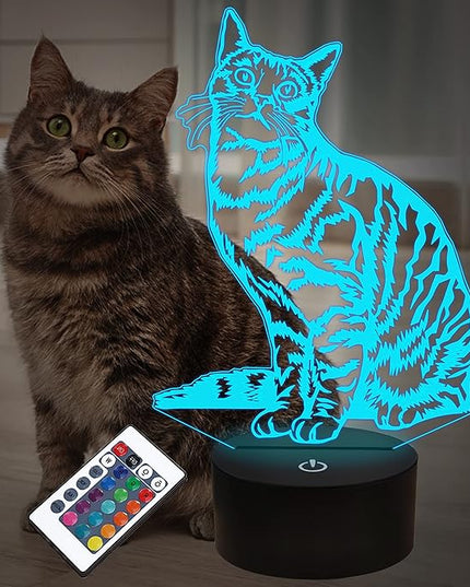 Cat Pet Gifts for Kids Girls,3D Illusion LED Cat Lamp Night Light with Remote Control 16 Colors Changing Decoration Bedside Lamps - LeafyLoom