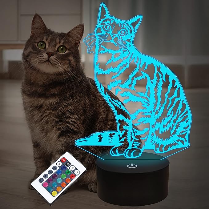 Cat Pet Gifts for Kids Girls,3D Illusion LED Cat Lamp Night Light with Remote Control 16 Colors Changing Decoration Bedside Lamps - LeafyLoom