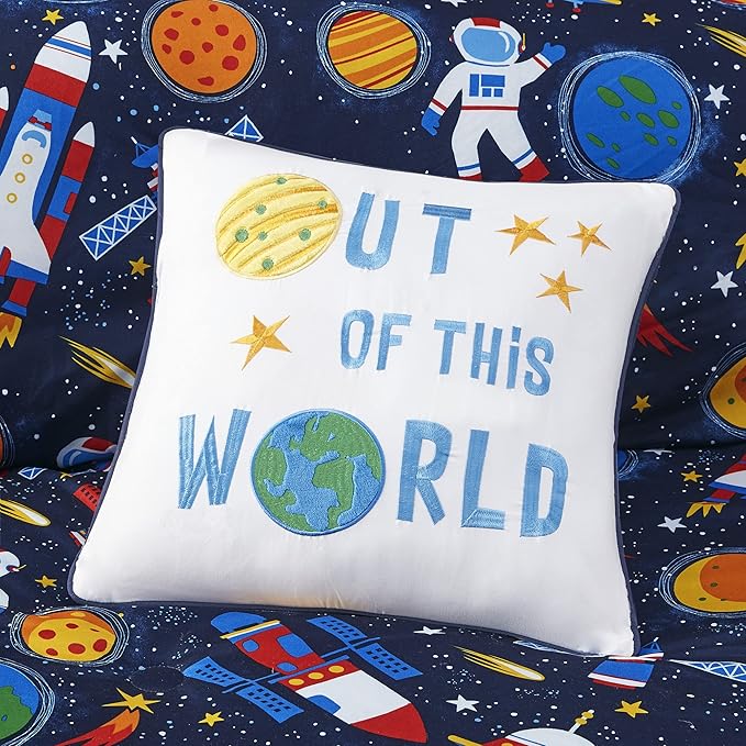 Mi Zone Kids Jason Cozy Comforter Outer Space Rocket Ships, Astronauts Print, All Season Cover, Hypoallergenic Bedding Set, Matching Sham, Decorative Pillow, Twin(66" Wx86 L), Multi 3 Piece - LeafyLoom