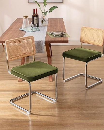 Zesthouse Mid Century Modern Dining Chairs Set of 2, Velvet Accent Chairs with Natural Cane Back & Stainless Chrome Base, Famous Breuer Designed Chairs, Upholstered Rattan Kitchen Chairs,Green - LeafyLoom