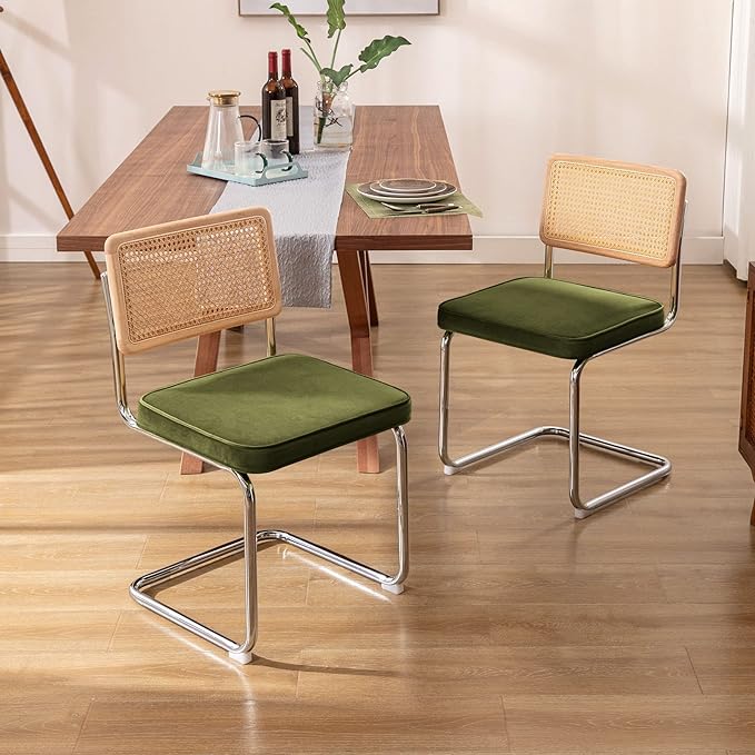 Zesthouse Mid Century Modern Dining Chairs Set of 2, Velvet Accent Chairs with Natural Cane Back & Stainless Chrome Base, Famous Breuer Designed Chairs, Upholstered Rattan Kitchen Chairs,Green - LeafyLoom