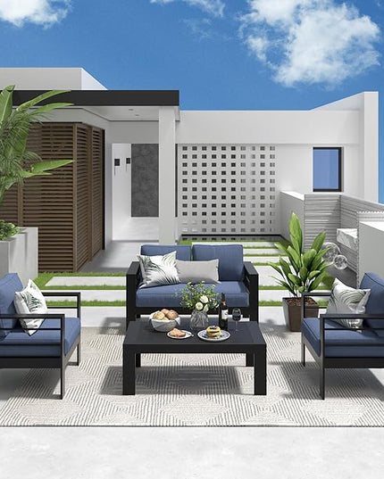 Solaste Outdoor Aluminum Furniture Set - 4 Pieces Patio Sectional Chat Sofa Conversation Set with Table,Black Frame and Blue Cushion - LeafyLoom