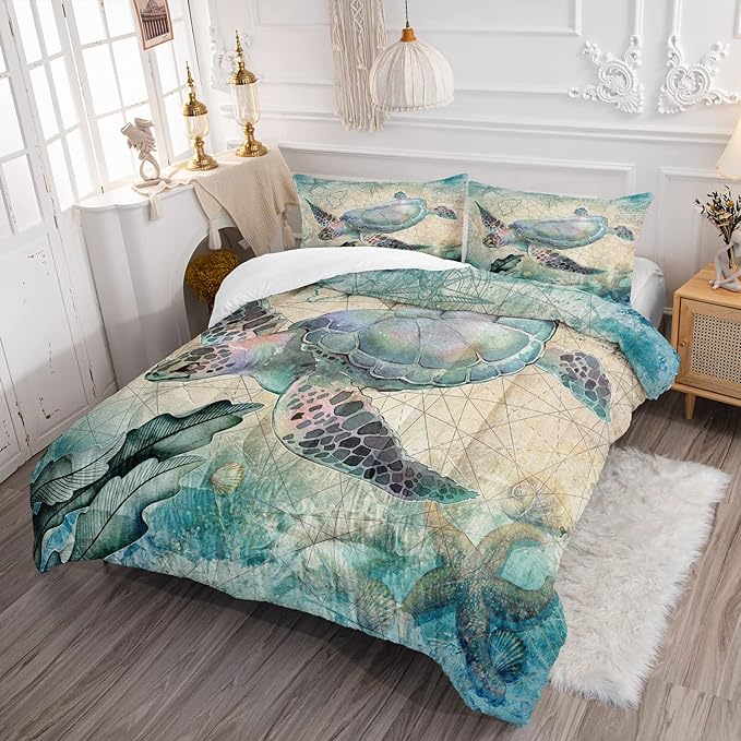 CVHOUSE Sea Turtle Comforter Set,Ocean Sea Turtle Bedding Set for Kids Teens,Ocean Sea Turtle Comforter Sea Turtle Duvet Set Room Decor Quilt Set Full Size - LeafyLoom