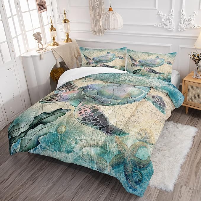 CVHOUSE Sea Turtle Comforter Set,Ocean Sea Turtle Bedding Set for Kids Teens,Ocean Sea Turtle Comforter Sea Turtle Duvet Set Room Decor Quilt Set Queen Size - LeafyLoom
