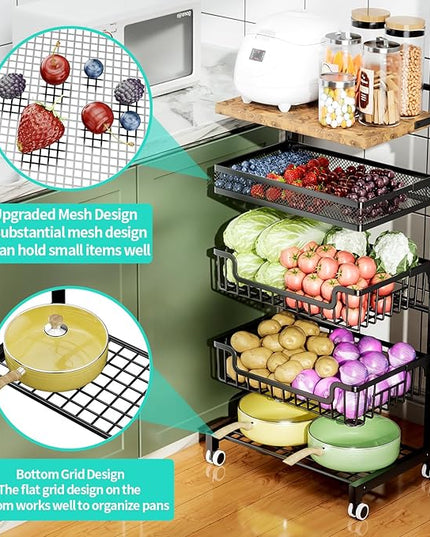 HapiRm 5 Tier Fruit Basket Kitchen Storage Cart, Adjustable Fruit and Vegetable Basket, Wooden Top Table Fruit Rack, Snack Cart with Wheels, Metal Mesh and Wire Storage Basket for Onions and Potatoes - LeafyLoom