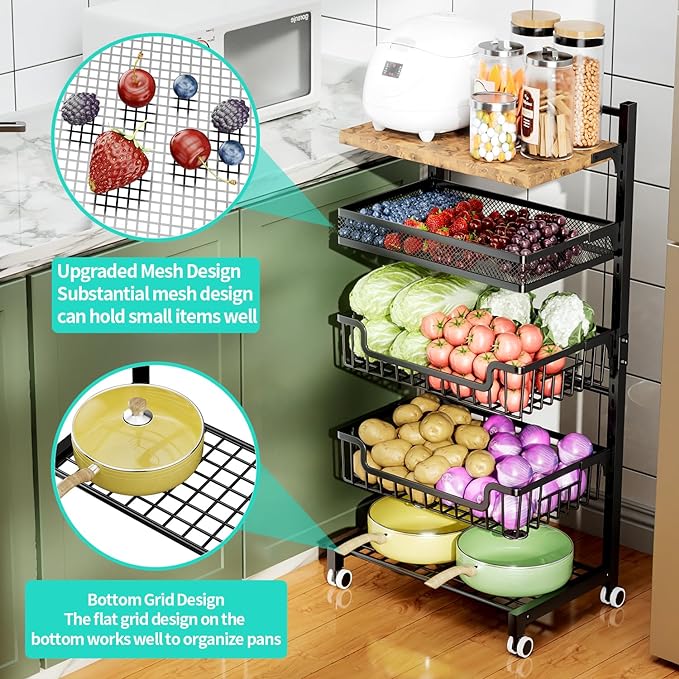 HapiRm 5 Tier Fruit Basket Kitchen Storage Cart, Adjustable Fruit and Vegetable Basket, Wooden Top Table Fruit Rack, Snack Cart with Wheels, Metal Mesh and Wire Storage Basket for Onions and Potatoes - LeafyLoom