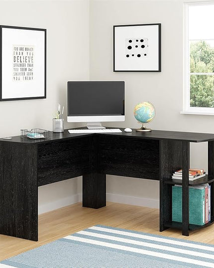 Dakota L-Shaped Desk with Bookshelves (Black Ebony Ash) - LeafyLoom
