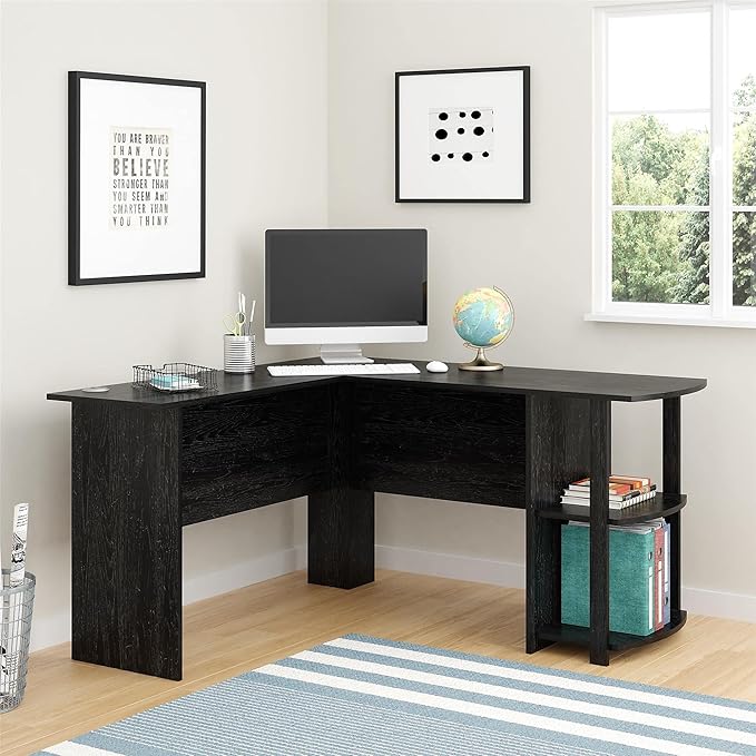 Dakota L-Shaped Desk with Bookshelves (Black Ebony Ash) - LeafyLoom