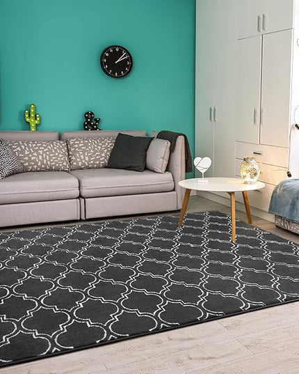 Chicrug Shag Geometric Modern Area Rug for Bedroom, 6x9 Feet Memory Foam Indoor Carpet, Fluffy Rug for Living room Bedside Room Decor for Family Girls Kids Nursery Play Mat, Dark Grey/White - LeafyLoom