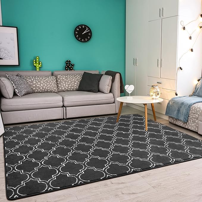 Chicrug Shag Geometric Modern Area Rug for Bedroom, 6x9 Feet Memory Foam Indoor Carpet, Fluffy Rug for Living room Bedside Room Decor for Family Girls Kids Nursery Play Mat, Dark Grey/White - LeafyLoom