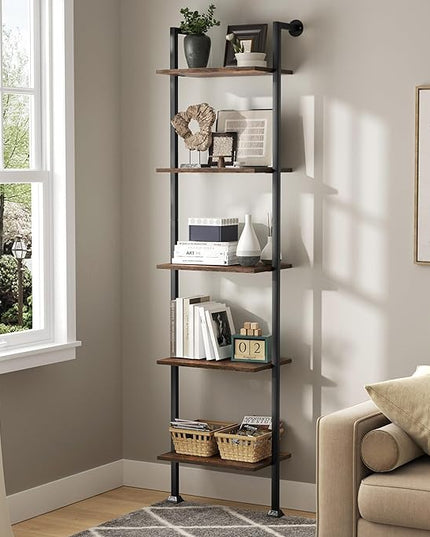 Axeman 5-Tier Ladder Shelf, Tall Narrow Bookcase for Small Spaces, Book Storage Organizer Case for Living Room, Home Office, Study, Industrial Style Black Metal Frame and Rustic Brown Shelf - LeafyLoom