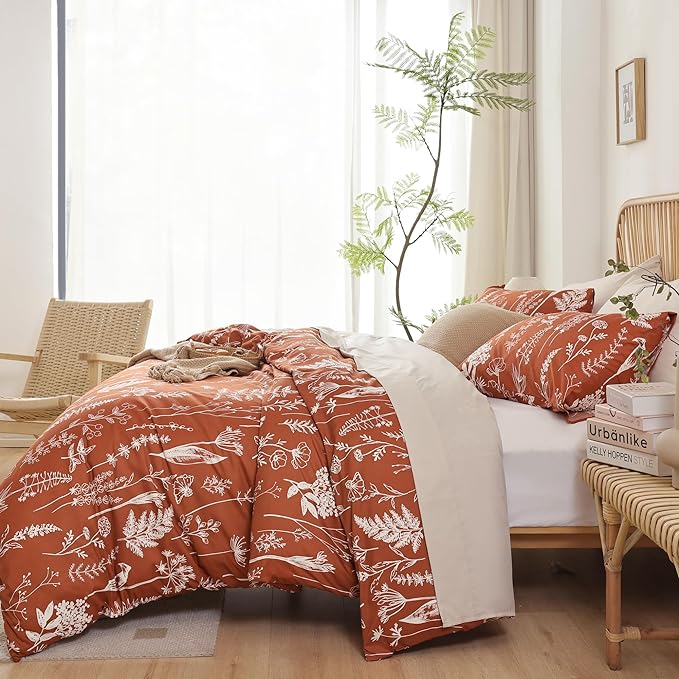 JANZAA Bedding Floral Terracotta Comforter Set Full Size Bed Set with 2 Pillow Cases for All Seasons - LeafyLoom