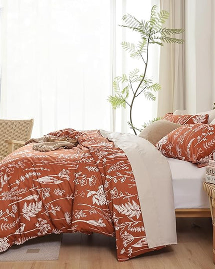 JANZAA 3PCS King Comforter Terracotta Comforter Set Floral Comforter Set White Flower Printed Bedding Set with 2 Pillow Cases for All Season Using - LeafyLoom