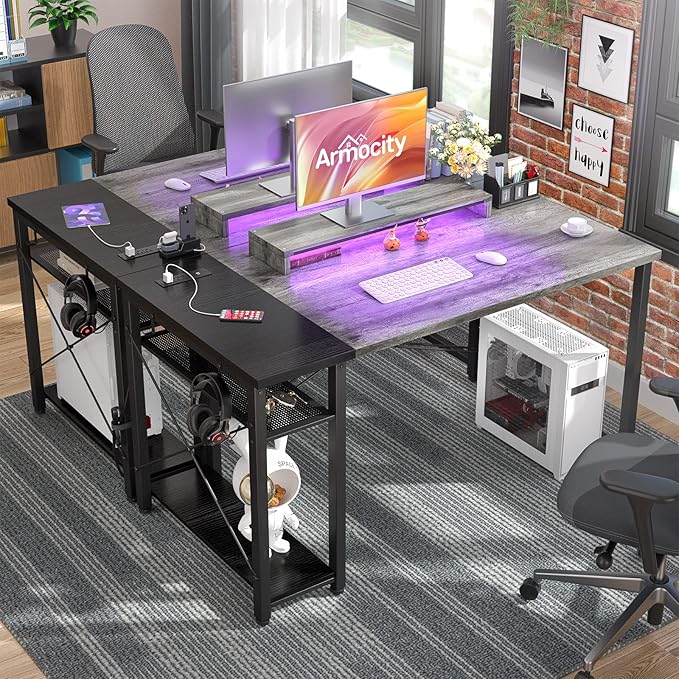 armocity Computer Desk with LED, Gaming Desk with Outlets, 40 Reversible Laptop Table with Monitor Stand, Small Desk for Small Spaces, Grey/Black - LeafyLoom