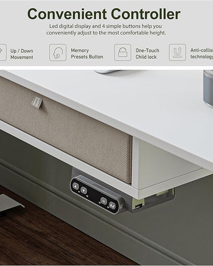 BANTI Height Adjustable Electric Standing Desk with 4 Drawers, 48 x 24 Inch Table with Storage Shelf, Sit Stand Desk, White Top - LeafyLoom