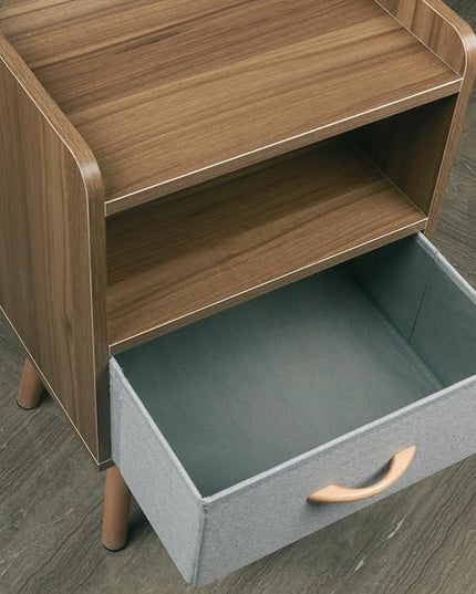 LUCKNOCK NightStand with Fabric Drawer, Bedside Table with Solid Wood Legs, Minimalist and Practical End Side Table with Open Storage Shelf for Bedroom,Walnut. - LeafyLoom