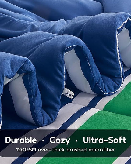 SLEEP ZONE Jersey Knit 3 Pieces Kids Comforter Set, Navy Gree Rugby Stripe Design for Boys and Teens. Durable, Breathable and Easy Care, All Season Use (Rugby Stripe Navy/Green, Full/Queen) - LeafyLoom