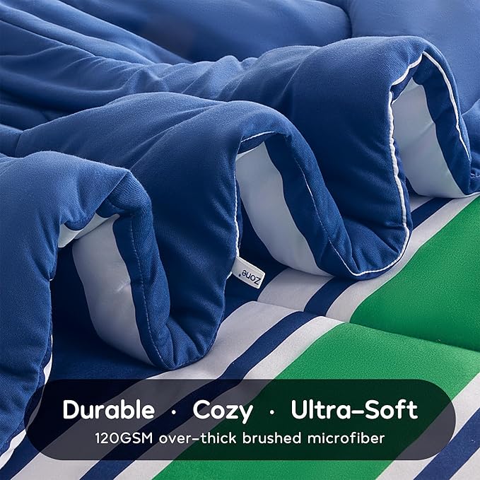 SLEEP ZONE Jersey Knit 3 Pieces Kids Comforter Set, Navy Gree Rugby Stripe Design for Boys and Teens. Durable, Breathable and Easy Care, All Season Use (Rugby Stripe Navy/Green, Full/Queen) - LeafyLoom