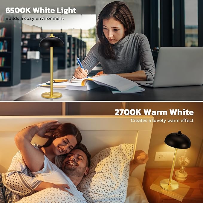 Rechargeable Cordless Table Lamp - 5000mAh Battery Powered Lamp, 3 Color Stepless Dimming LED Table Light with Memory Function, for Outdoor, Dinner, Patio, Home, Restaurant.(Black and Gold) - LeafyLoom