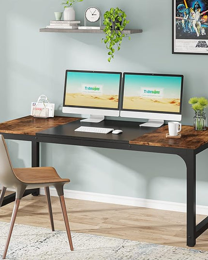 Tribesigns Modern Computer Desk, 63 x 31.5 inch Large Office Desk Computer Table Study Writing Desk Workstation for Home Office, Vintage Black Metal Frame - LeafyLoom
