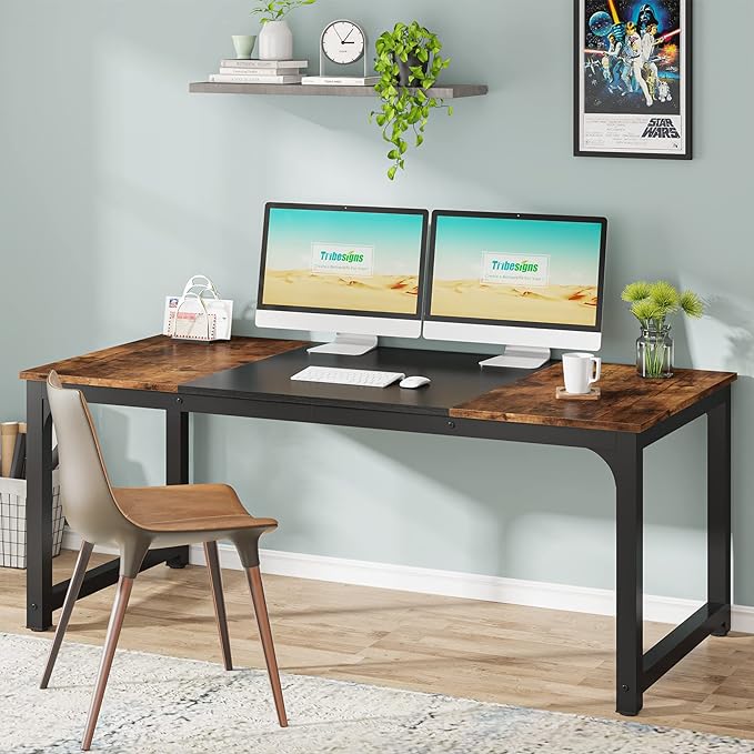 Tribesigns Modern Computer Desk, 63 x 31.5 inch Large Office Desk Computer Table Study Writing Desk Workstation for Home Office, Vintage Black Metal Frame - LeafyLoom
