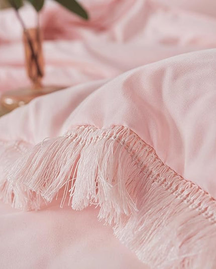 Andency Pink Comforter Set King Size for Girls, Boho Women Tassel Lightweight Bedding Comforter Sets, 3 Pieces All Season Soft Fluffy Fringe Bed Set (104x90In Comforter & 2 Pillowcases) - LeafyLoom