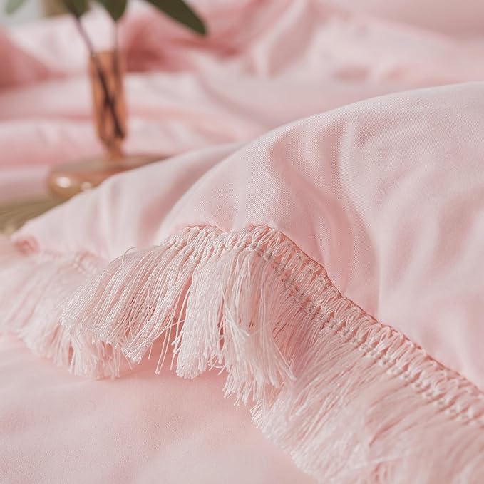 Andency Pink Comforter Set King Size for Girls, Boho Women Tassel Lightweight Bedding Comforter Sets, 3 Pieces All Season Soft Fluffy Fringe Bed Set (104x90In Comforter & 2 Pillowcases) - LeafyLoom