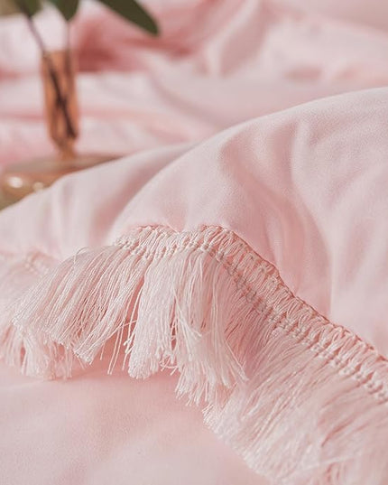Andency Pink Tassel Comforter Set Full(79x90Inch), 3 Pieces(1 boho Comforter, 2 Pillowcases) Farmhouse Shabby Chic Comforter Set, Soft Microfiber Lightweight Fringe Bedding Comforter Set - LeafyLoom