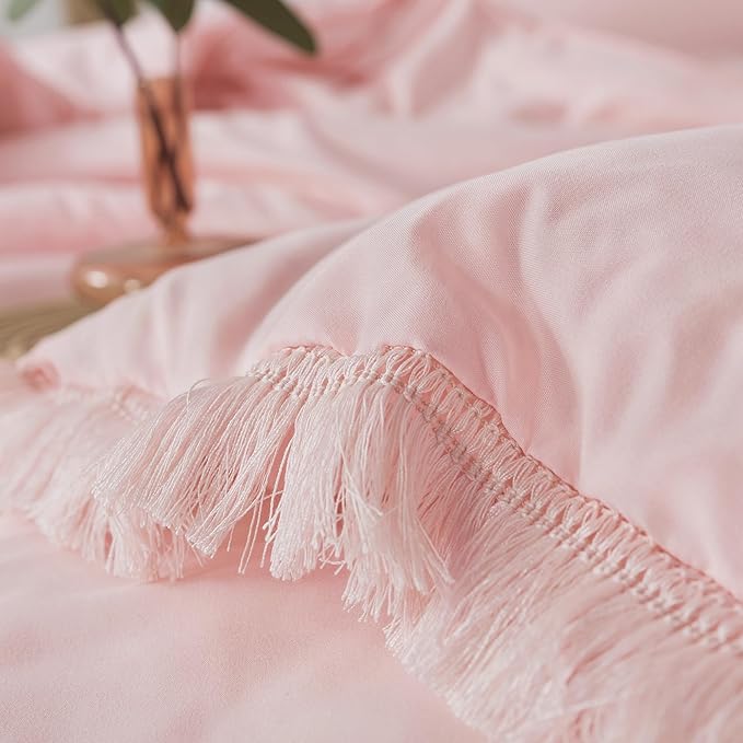 Andency Pink Tassel Comforter Set Full(79x90Inch), 3 Pieces(1 boho Comforter, 2 Pillowcases) Farmhouse Shabby Chic Comforter Set, Soft Microfiber Lightweight Fringe Bedding Comforter Set - LeafyLoom