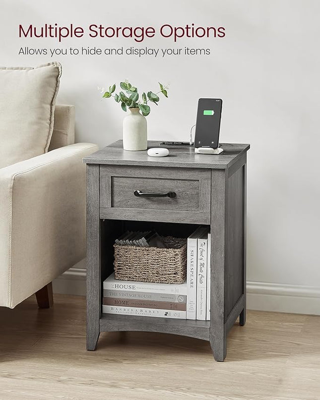VASAGLE Farmhouse Nightstand with Charging Station, Bedside Table with Drawer, Open Compartment, Side Table with Storage, for Bedroom, Misty Gray ULET659G68 - LeafyLoom