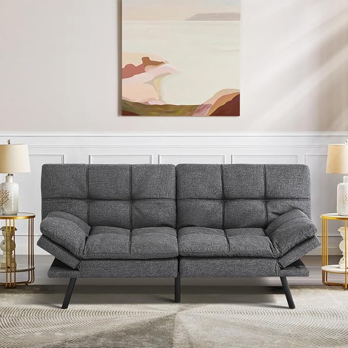 MUUEGM Futon Sofa Bed Convertible Memory Foam Sleeper Couch,Modern Loveseat for Living Room,Small Compact Space,Dorm,Office,Adjustable Armrests Backrest Sofabed, Linen Dark Grey - LeafyLoom