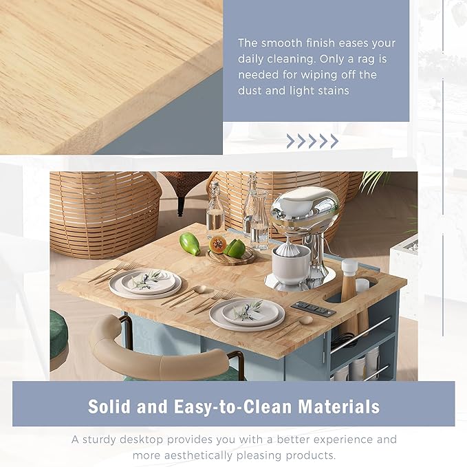 Kitchen Island with Power Outlet,Drop Leaf and Rubber Wood,Open Storage & Wine Rack,Storage Cart with 5 casters,w/Adjustable Storage for Home, Kitchen, and Dining Room, Grey Blue - LeafyLoom