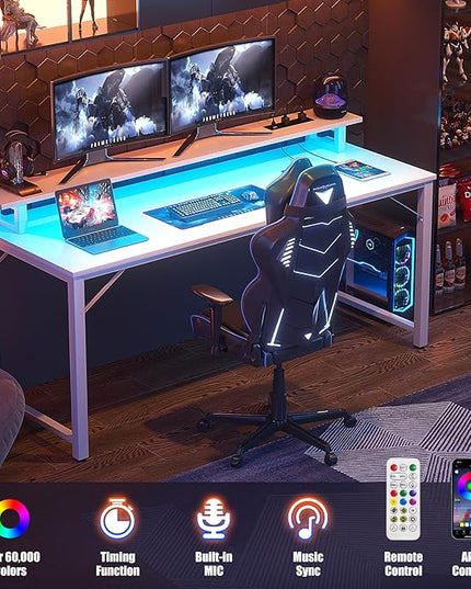 Computer Desk with USB Power Outlets and LED Lights, 55 inch Gaming desk with Monitor Stand for Small Space Home Office, Modern Simple Study Writing Table PC Desks, White - LeafyLoom
