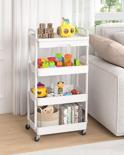 4-Tier Rolling Cart，Trolley with Drawer, Kitchen Storage Organizer with Plastic Shelf & Metal Wheels, Storage Cart for Living Room, Kitchen, Office, Bathroom, White - LeafyLoom