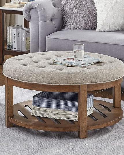 24KF Large Round Upholstered Tufted Linen Ottoman Coffee Table, Large Footrest Ottoman with Wood Shelf Storage-Iinen - LeafyLoom