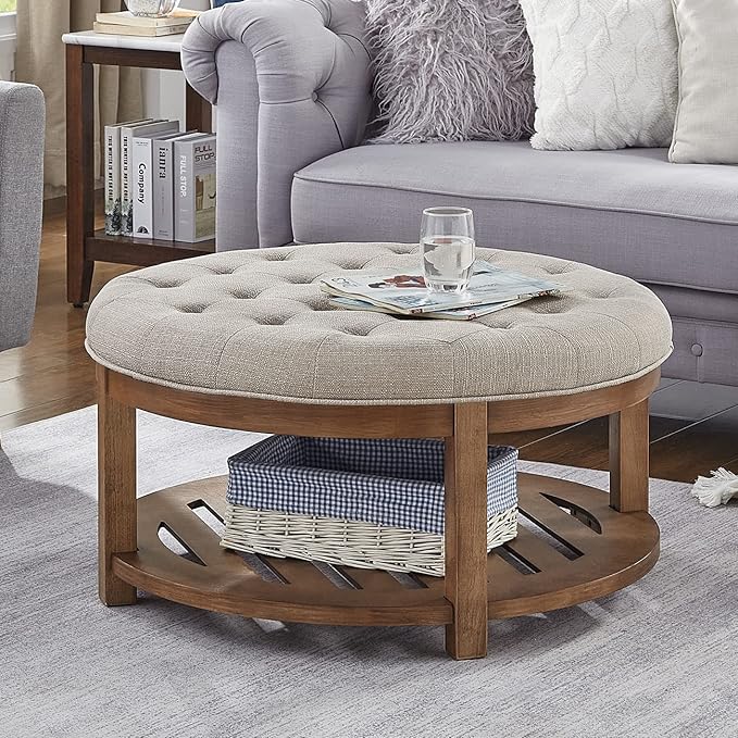 24KF Large Round Upholstered Tufted Linen Ottoman Coffee Table, Large Footrest Ottoman with Wood Shelf Storage-Iinen - LeafyLoom