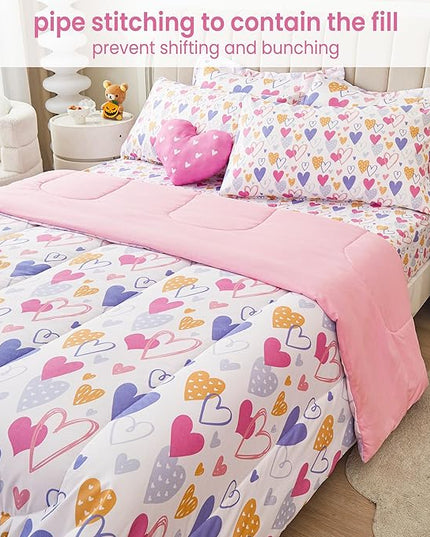 Mooreeke Full Size Comforter Sets for Girls Kids, 8 Pieces Bed in a Bag Pink Heart Bedding Comforter Sheet Set with Shams and Decorative Toy Pillow, Ultral Soft Microfiber Kids Bed Set - LeafyLoom